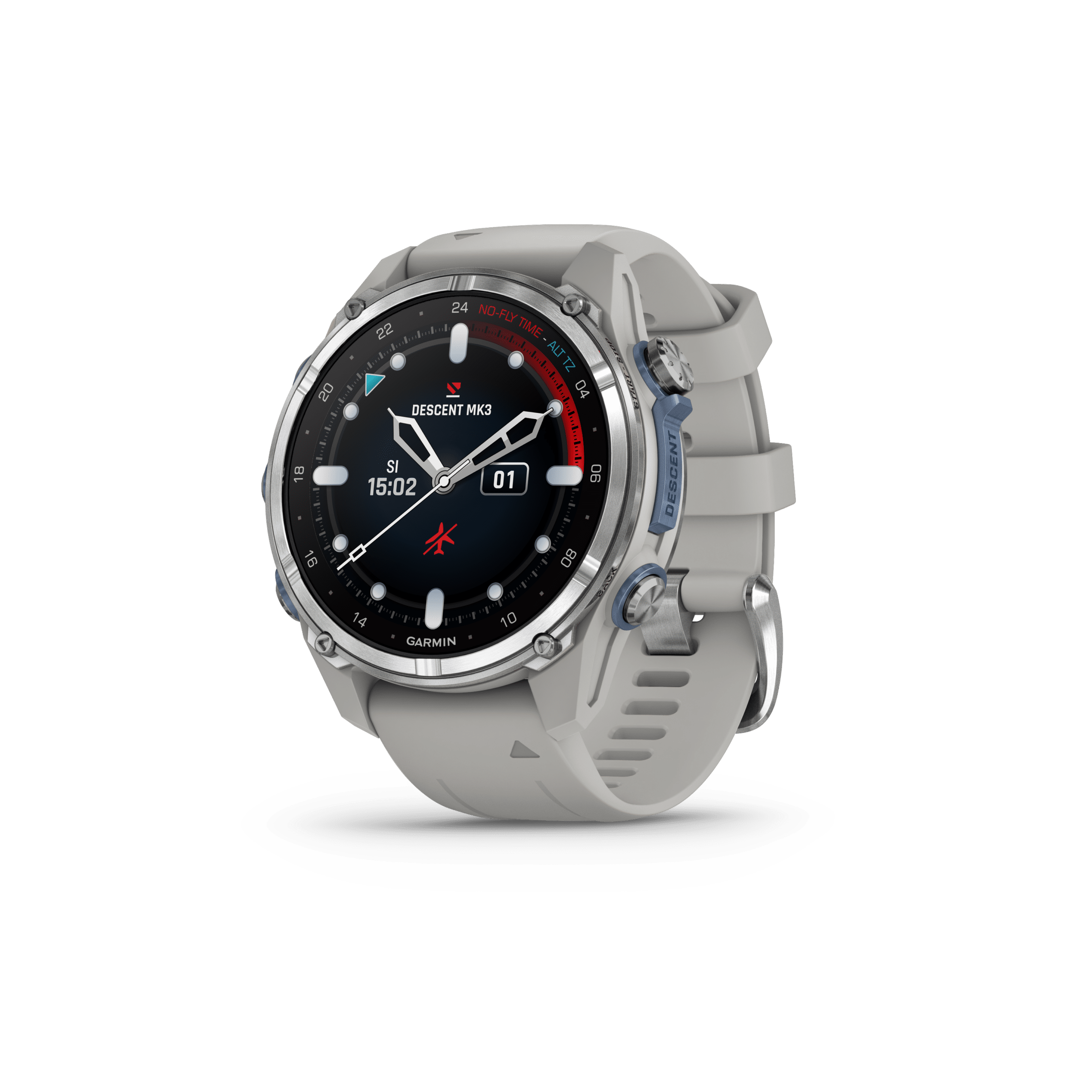 Descent™ Mk3 - 43mm, Acier inoxydable avec bracelet en silicone gris cendré